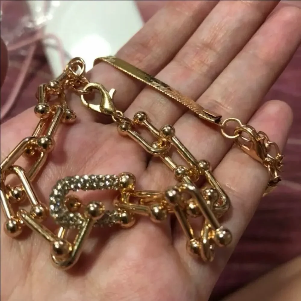 GOLD RHINESTONE U LINK BRACELET 2 PIECE BRACELET SET